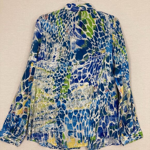 Alberto Makali Blue Green Abstract Artsy 100% Linen Button Down Large Resort - Picture 9 of 10